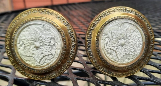 Atq Pair of Victorian Star Sulphide Glass & Brass Curtain Tie Backs Picture Nail