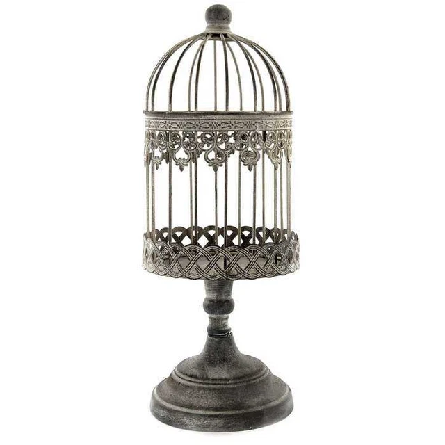 Antique-Gray Rustic Small Metal Iron Bird Cage Pedestal Stand Rustic Ornate New