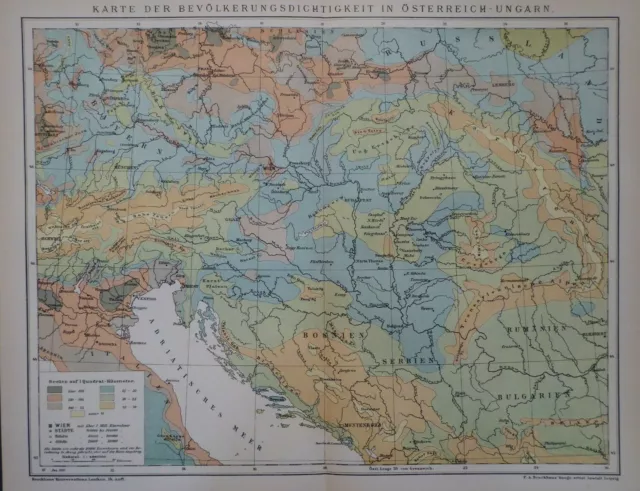 Landkarte, Bevölkerungsdichtigkeit in Österreich - Ungarn, Brockhaus 1898