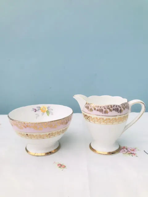 Stunning Vintage Gladstone Gold & Pink Bone China  Sugar Bowl, Creamer/Milk Jug