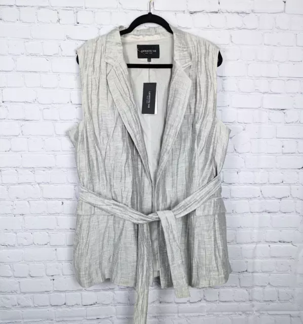 Lafayette 148 Jacket Vest Womens XL Metallic Silver Belted Crinkle Linen Blend