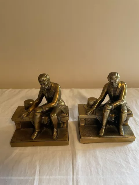 Vintage President Abraham Lincoln Sitting on Bench Bronze Bookends
