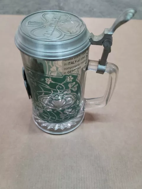 Collectible old IRELAND Solid Glass Beer Stein Mug with metal hinged Pewter Lid