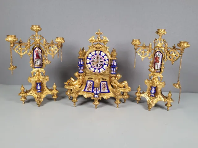 French Ormolu Mantel Clock Blue Sevres Porcelain Panels Le Roy & Fils á Paris