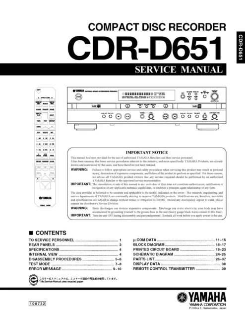 Service Manual-Anleitung für Yamaha CDR-D651