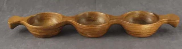 Vintage MCM Carved Hawaiian Folk Art MONKEY POD Relish Dish 3 Sectional Bowls