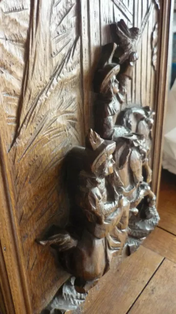 Antique French Hunting Style Carved Panel in Solid Oak Wood riders and falcon 5