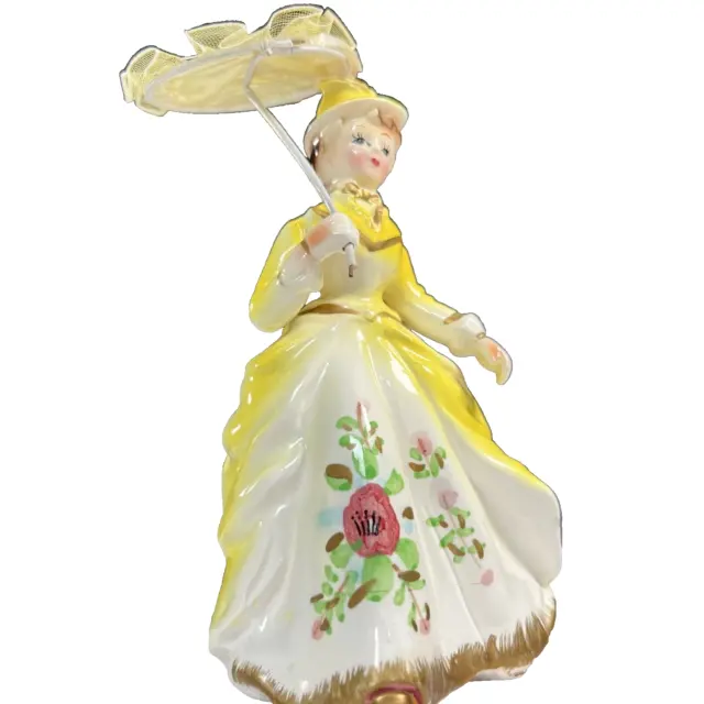 Vintage Porcelain Lady Figurine with Fabric Parasol HCF London marked Foreign