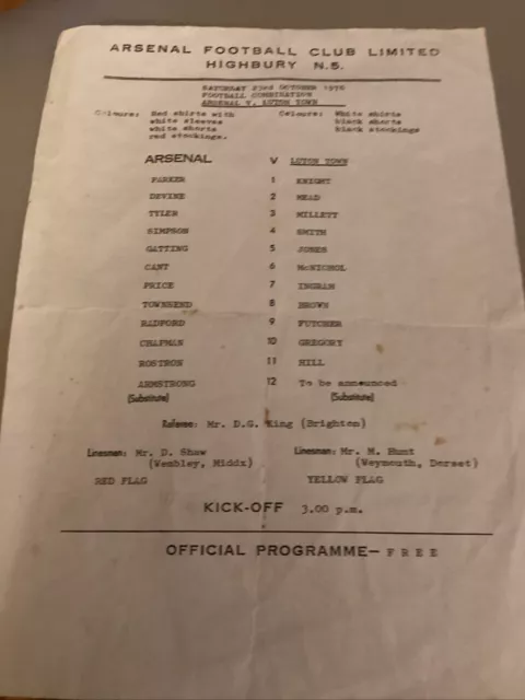 1976/7 Arsenal Reserves Luton Town Res Football Combination 23 October 1976