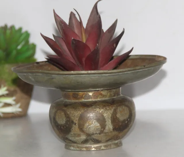 Old Brass Handcrafted ISLAMIC Inlay Engraved Flower Pots/Betel Nut Spitting Box