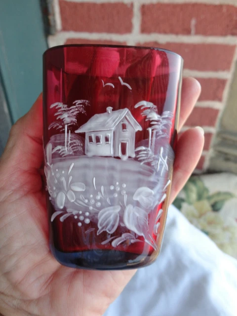 Antique Victorian Cranberry Art Glass Enamel Calling Playing Card Holder Vase