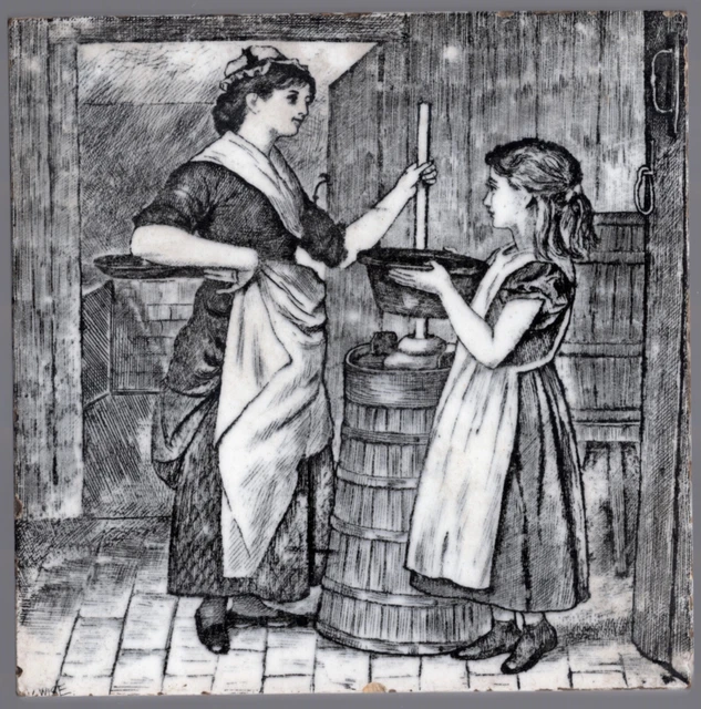 Mintons Ltd - c1885 - The Butter Churn - 6"x6" Antique Pictorial  Tile