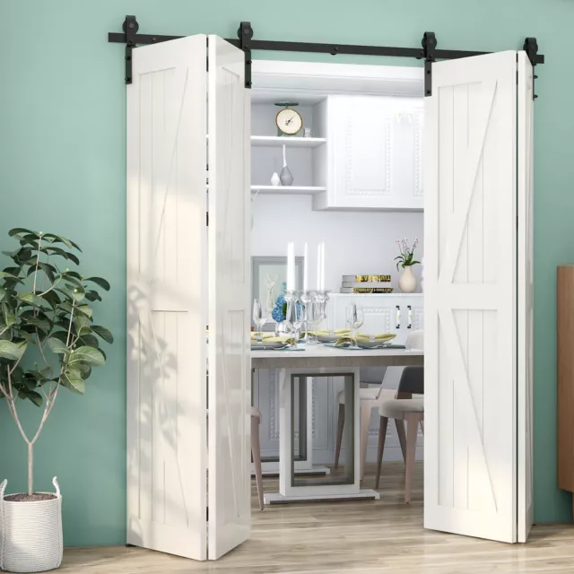 Bi-Folding Sliding Barn Door Hardware Kit, Black Flat Track Top Mount Roller