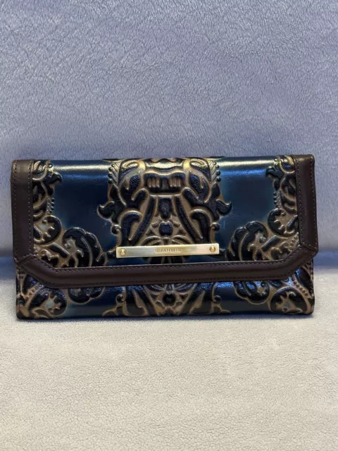 Brahmin navy and brown Fresco Embossed Soft Checkbook Style wallet leather