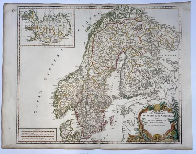 SCANDINAVIA ICELAND c. 1750 ROBERT DE VAUGONDY LARGE ANTIQUE MAP 18TH CENTURY