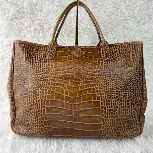 Longchamp ROSEAU Leather Handbag Tote Bag Croc Embossed Brown 2