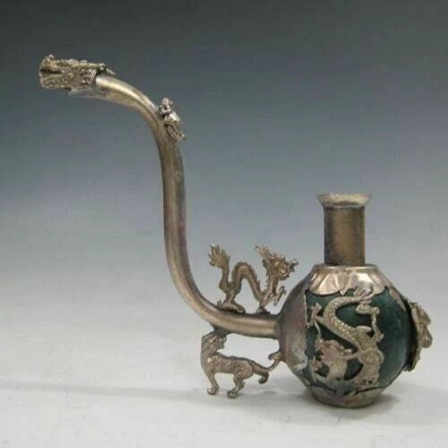 Old Handwork Jade inlay Pipe Tibet Silver Dragon Smoking Pipe Collectible