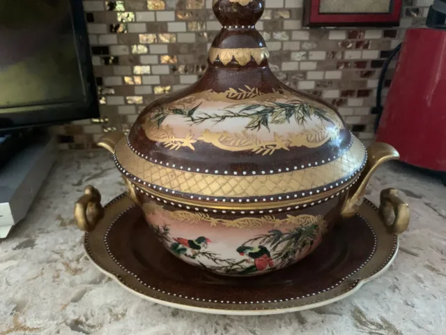 Vintage Parrot Ceramic Painted Gold Trim Soup Tureen With Lid And Resting Plate