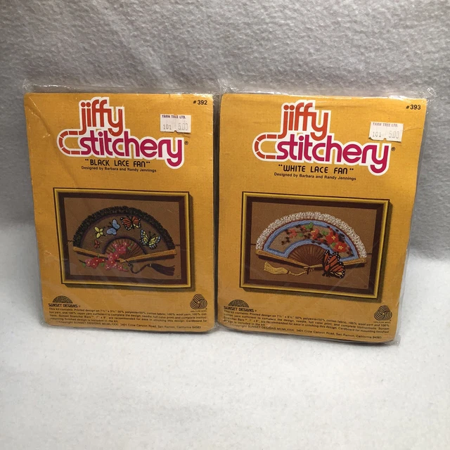 1981 kits de bordado Jiffy Stitchery Sunset Designs ventilador de encaje negro blanco 392 393