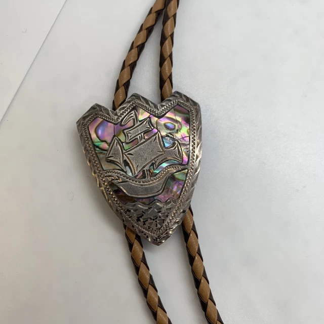 VTG JFG Sterling Silver De Jalisco Mexico Abalone Ship Leather Bolo Tie 34"