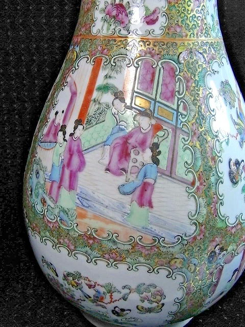 Ancienne Grande Paire De Vases Porcelaine Emaille Canton Chine Chinese Asiatique 4