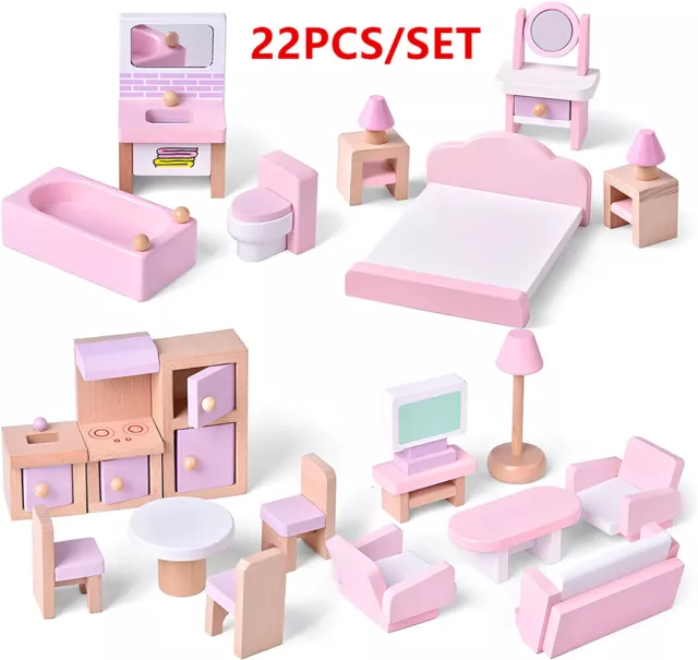 4 Set Wooden Doll House Toy Mini Furniture 22PCS Pretend Dollhouse Pink Toys