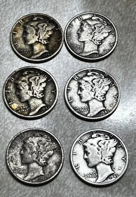 Mercury Dimes 90 % Silver. 1940-1945 No Mint Mark. Lot of 6. One Of Each Year.
