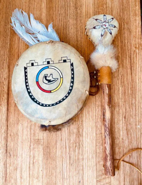 Vintage Native American Indian Painted Tom-Tom Drum & Elk Rawhide Rattle Zuni