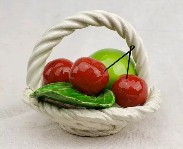 Vtg Majolica Fruit Basket Bowl Woven Ceramic Glazed Made in Italy Centerpiece