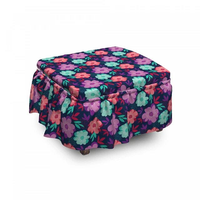 Ambesonne Ornate Floral Ottoman Cover 2 Piece Slipcover Set and Ruffle Skirt