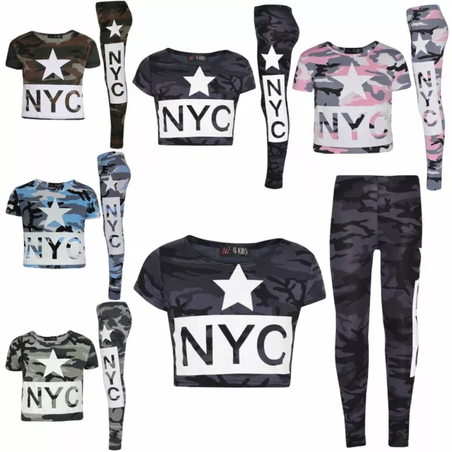 Girls Tops Kids NYC Camouflage Print Crop Top & Fashion Legging Set 7-13 Years