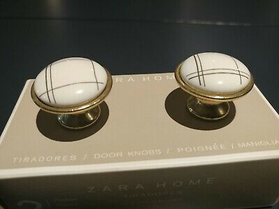 New! Zara Home Stoneware White Door Knobs/Gold Colored Geometric Pattern, 2 Pack