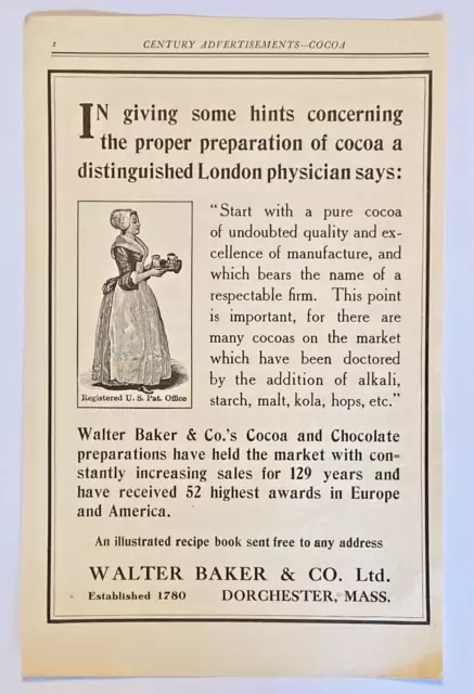 1909 Walter Baker Cocoa Vintage Antique Printed Ad 8x5.5" + Tiffany Ad on back