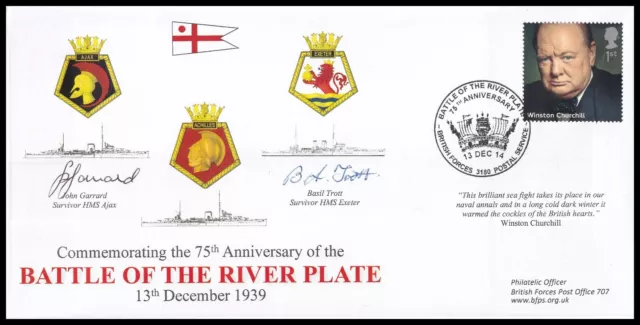 2014 GB Battle of the River Plate 75th Anniversary BFPO Cover Signed 2 SURVIVORS