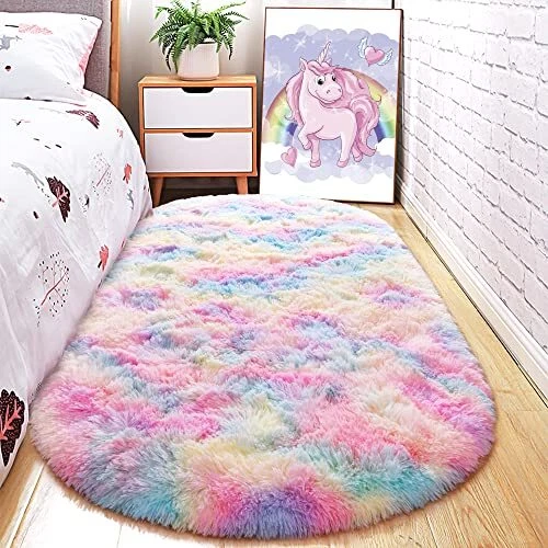 Fluffy Oval Rug for Bedroom Soft Rainbow Area Rugs for Girls Room, Shaggy