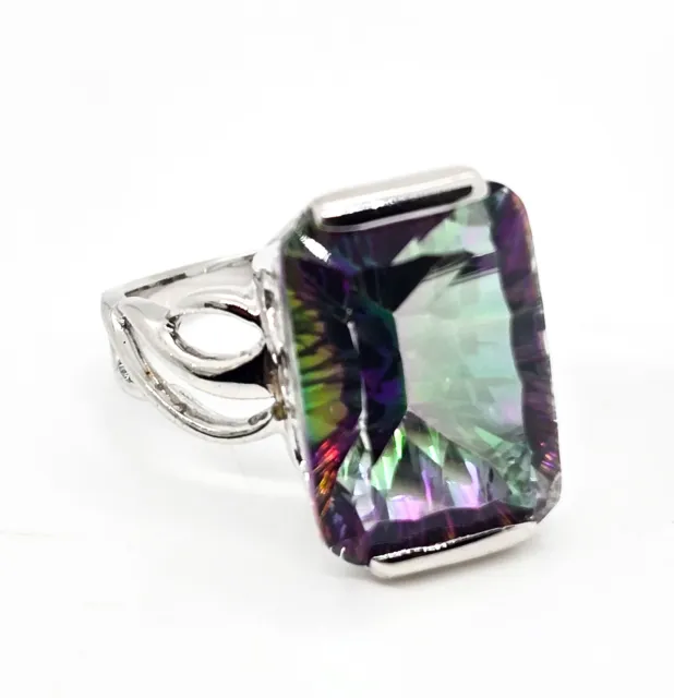 Mystic topaz Large 13ct Heart rhodium over sterling silver ring LUC size 10.5