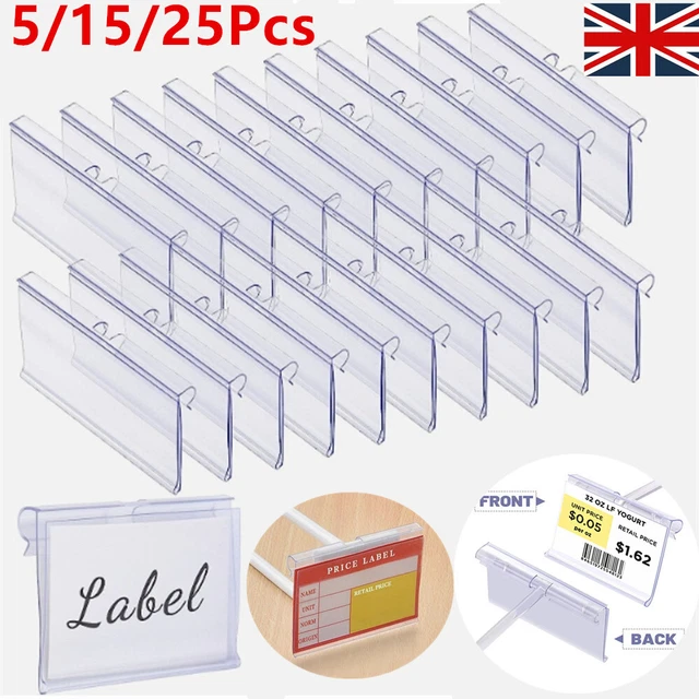 5-25X CLEAR PLASTIC Wire Shelf Label Holders for Storage Bins Baskets ...