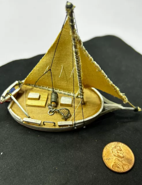 Vintage 4 Inch Wooden Handmade Miniature Sailboat With Cloth Sails Detailed