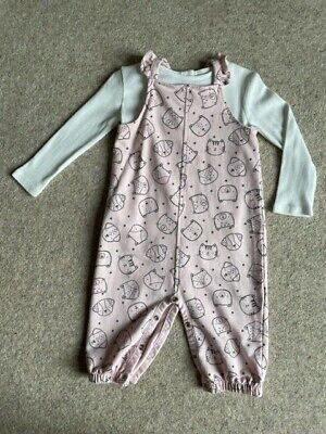 TU Baby. Dungaree set. Pink with Cream Long Sleeved Bodysuit. Age 9-12 Months