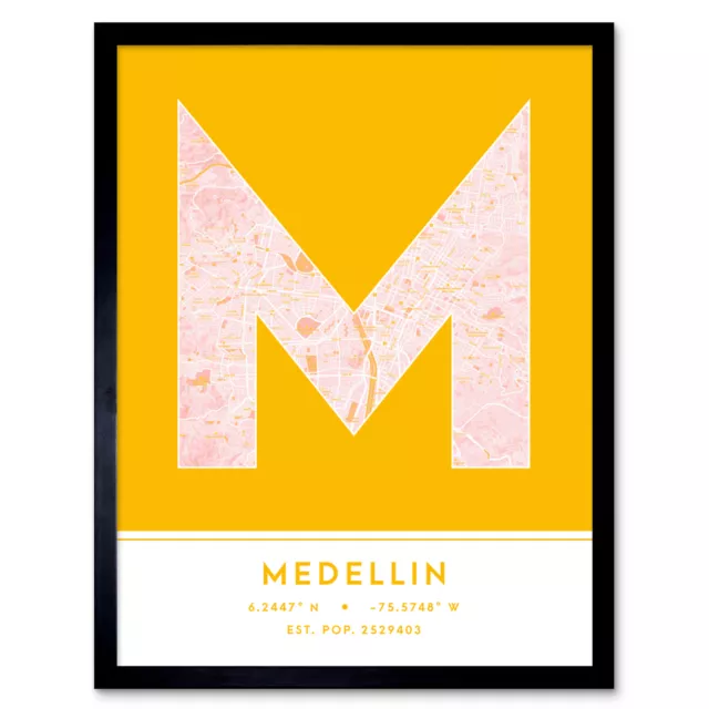 Medellin Colombia City Map Typography Framed Wall Art Print 12x16 In
