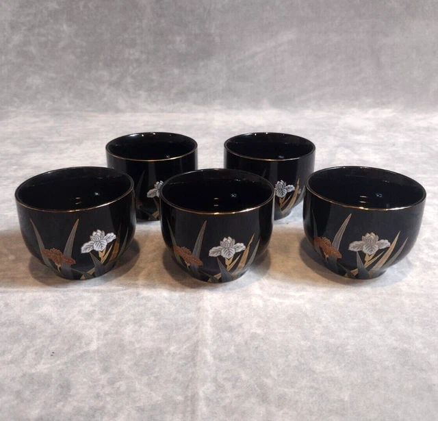 VINTAGE, OTAGIRI, TEA, Saki, Cup, Set of 5, Japan, Black, Gold, Iris