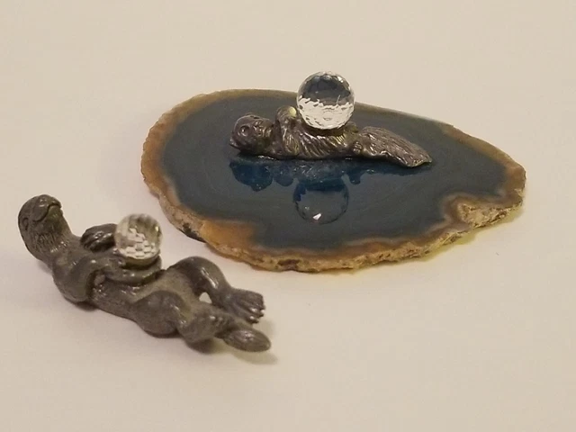 Lot of 2 SCM Pewter Otter Figurines Crystal Color Changing Prism Ball 1 on Agate