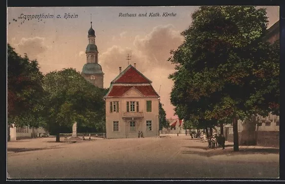 Ansichtskarte Lampertheim /Rh., Rathaus und kath. Kirche 1916