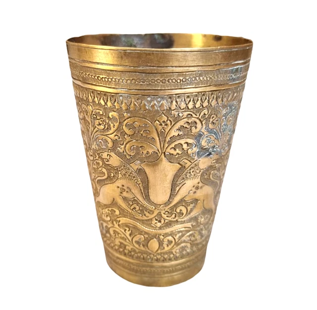 Vintage Old Antique Brass Fine Lion Floral Embossed Victorian Milk / Water Glass 8
