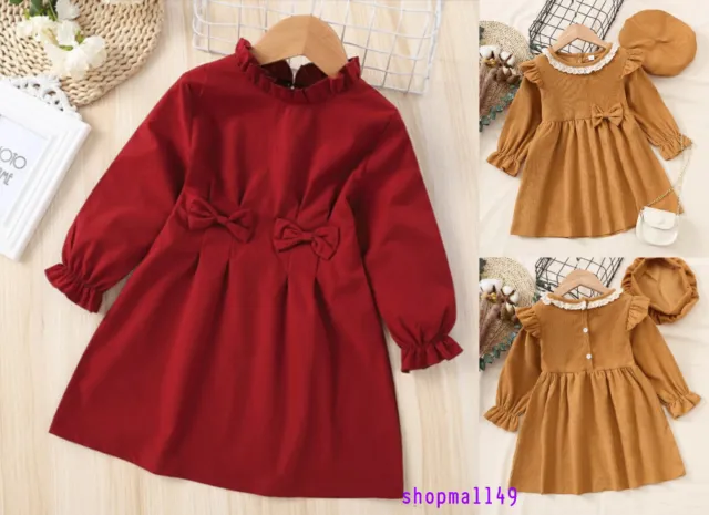 Girls Winter Christmas Dress Brown Red Knitted Long Sleeve Dresses Age 2-7 Years