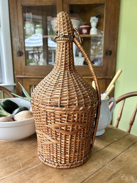 VINTAGE Wicker Wrapped Glass Demijohn Bottle, 14" Jug Wicker Woven Boho~CORK~CAP