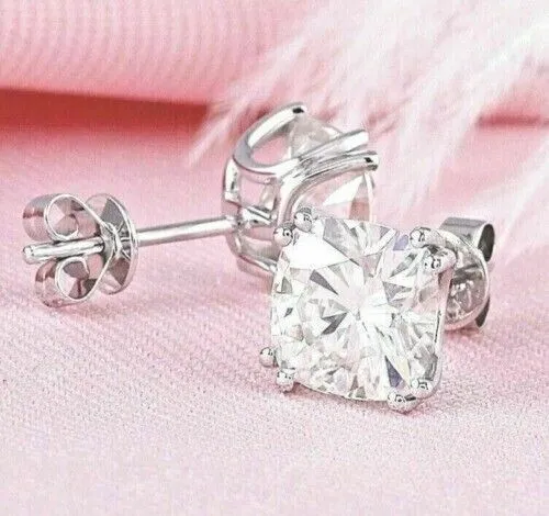 4.00 Ct Cushion Cut Real Moissanite 925 Sterling Silver Women's Stud Earring