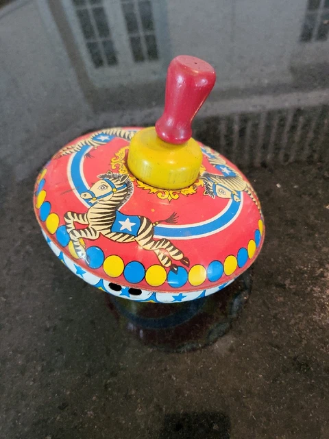 Vintage Small 1960's Ohio Art Metal Spinning Top Wood Handle Tin Toy ZEBRA Vintage Small 1960's Ohio Art Metal Spinning Top Wood Handle Tin Toy ZEBRA