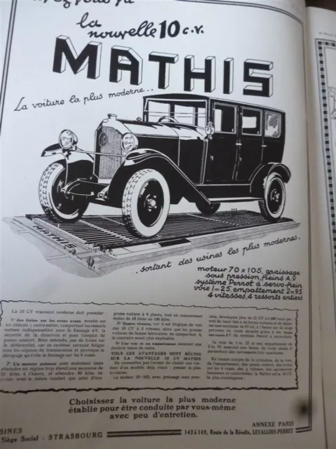MATHIS 10 CV voiture 38 publicité papier ILLUSTRATION 1925 col
