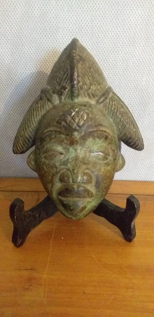 Ancien Masque Africain Ethnique Visage En Bronze XXÈME 16 x 14 cm 850 gr